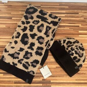 All Saints Leopard Tan and black Hat and Scarf Set